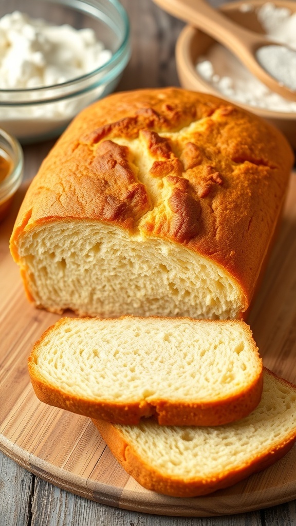 Easy Gluten-Free Bread Recipe A golden brown loaf of gluten-free bread sliced on a cutting board, showcasing its fluffy texture.
